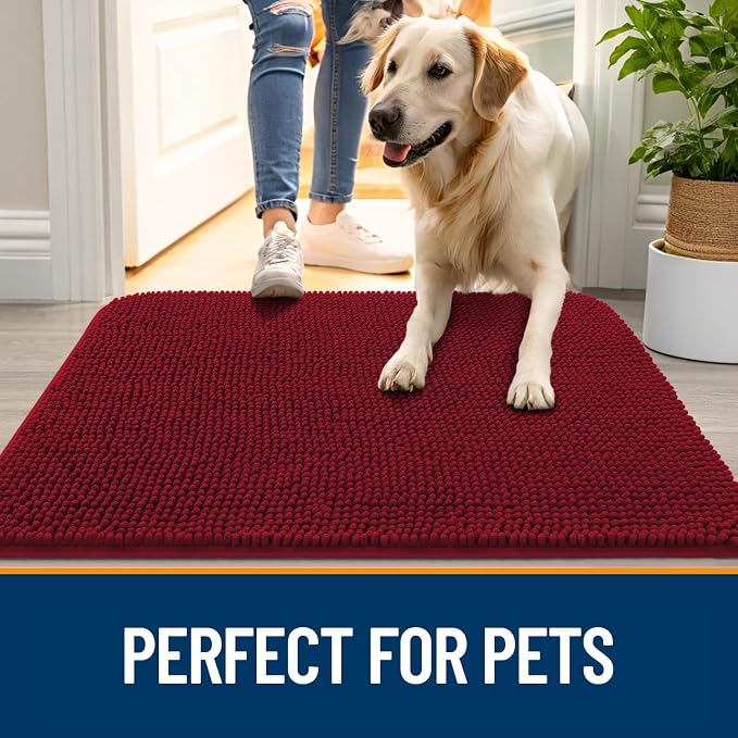 OLANLY Dog Door Mat for Muddy Paws 34x21, Super Absorbent Chenille Mud Mat | Red - Image 6