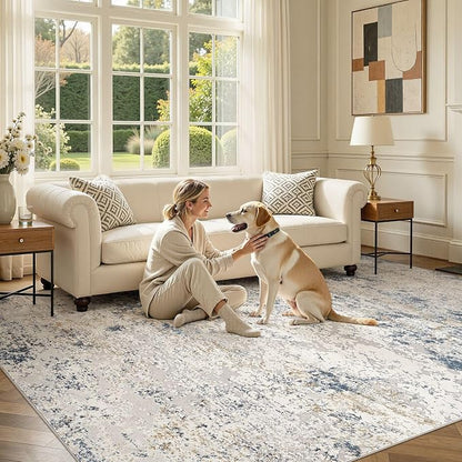 DMOYEST Area Rug Living Room Rugs 10x12 Washable Abstract Beige Blue Carpet | - Image 5