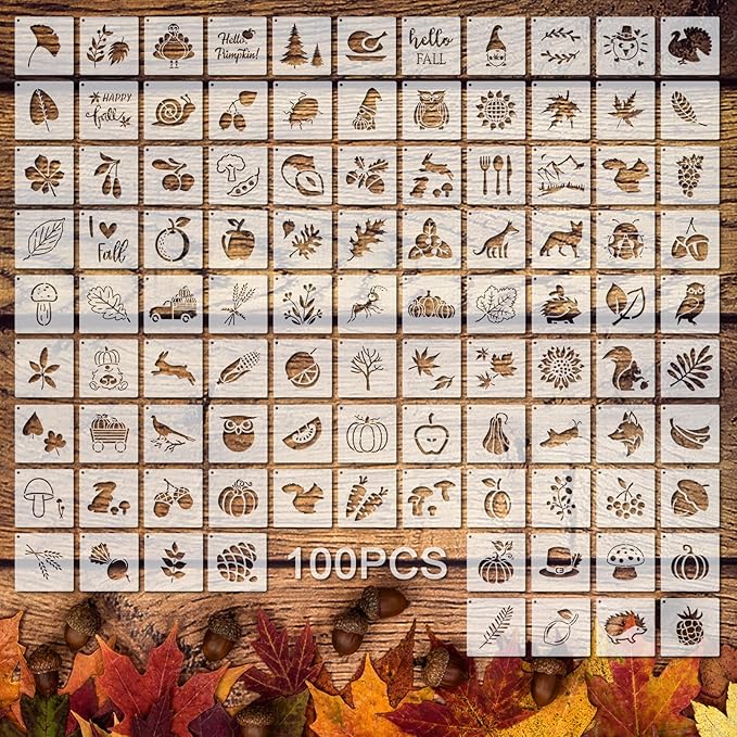 100 Pcs Stencils for Painting on Wood Reusable Stencil Crafts Drawing Templates Holiday Wall Paper for DIY Scrapbook Home 2 x 2 Inch(Maple, Pumpkin)