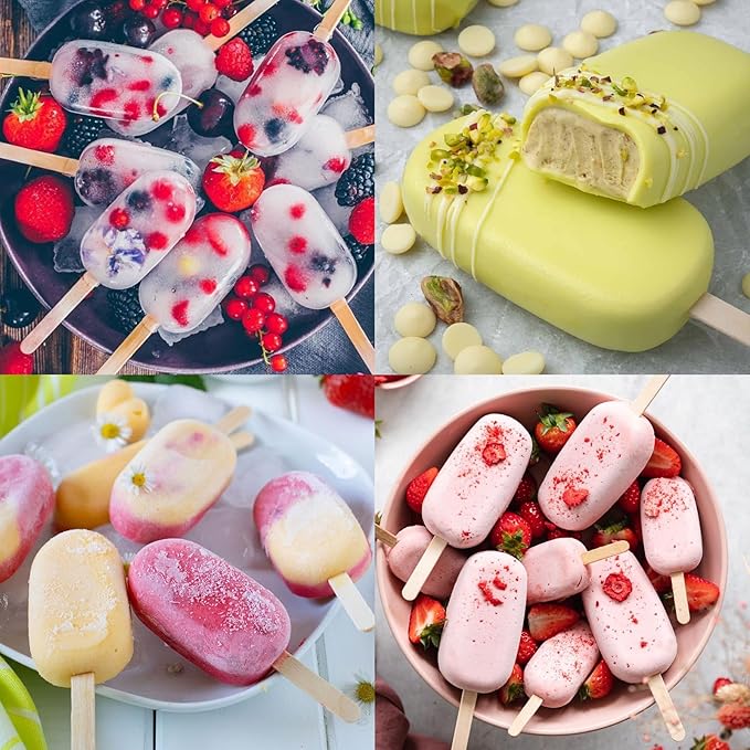 Sakolla Silicone Popsicle Molds Set of 3, Large Oval 4 Cavities Homemade Ice Pop Molds with 150 Wooden Sticks for Ice Cream, Cakesicles, Cake Pop (White)