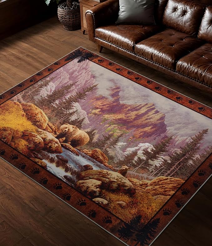 Rustic Cabin Area Rug for Bedroom 5x7, Machine Washable Woodland Bear Rug by YIHOUSE