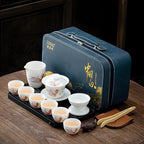 ICHAG Chinese Tea Set, Gongfu Tea Sets for Adults, China Gaiwan Teaset, 14-Piece Yangzhi Jade (茶具) Porcelain Set with Tea Pet, Portable Travel Teaset for Home, Outdoor, Office Gifts (White)