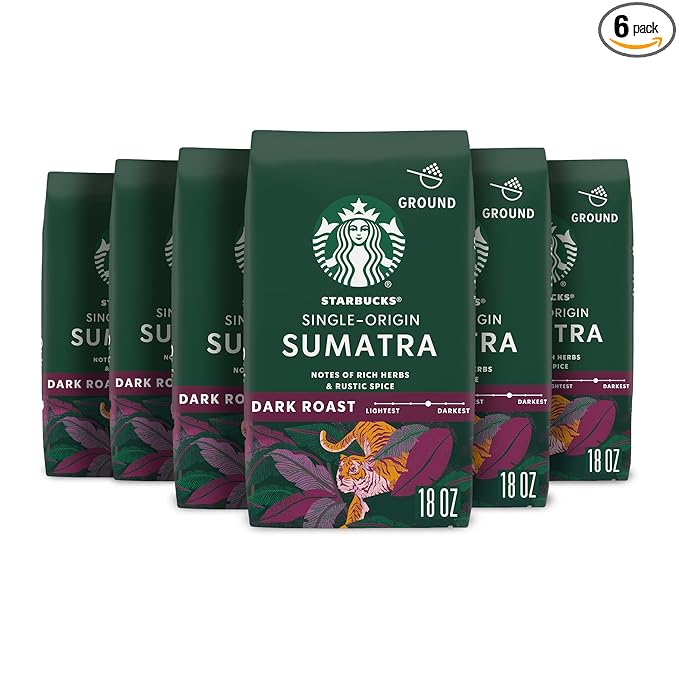 Starbucks Ground Coffee, Dark Roast Coffee, Sumatra, 100% Arabica, 6 bags (18 oz each)