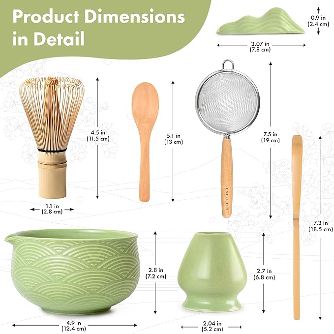 Matcha Whisk Set (7 Pcs) - Complete Matcha Set, Matcha Bowl with Spout, Whisk with Holder, Bamboo Scoop with Rest and Sifter, Perfect Kit for Matcha Lovers (Green Mist)