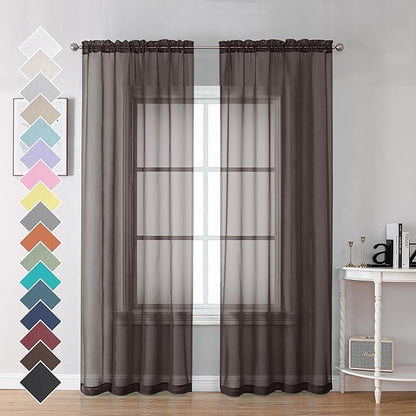 Chocolate Brown Sheer Curtains 84 Inches Long 2 Panels, Light Filtering Sheer by OVZME