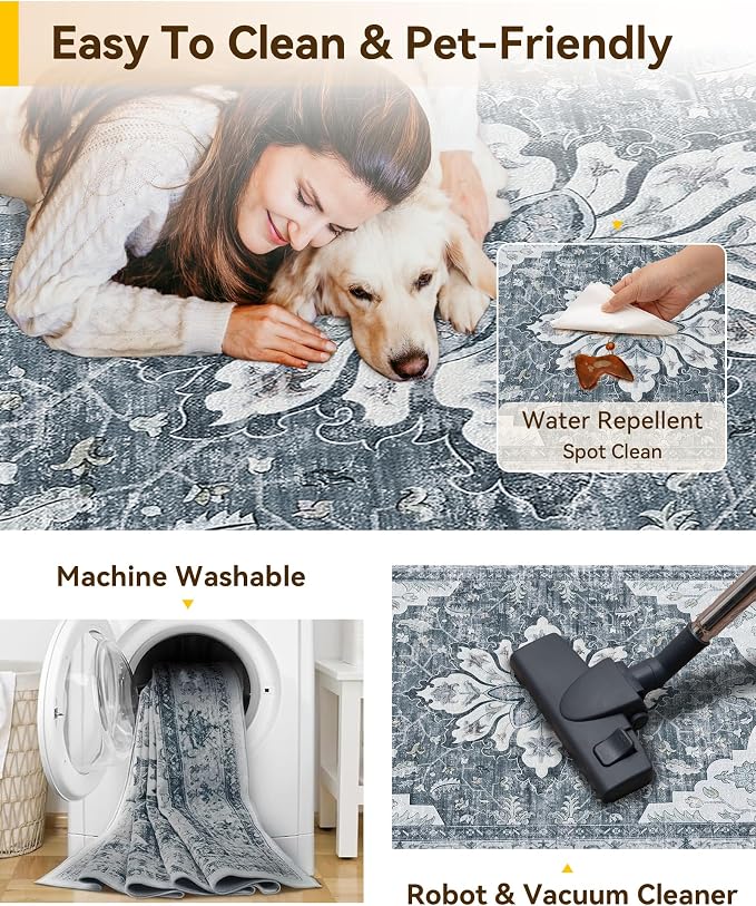 RELEANY Washable Area Rug, Water Repellent, Pet Friendly, Vintage Floral Boho - Image 3