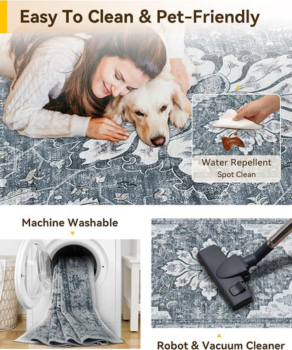 RELEANY Washable Area Rug, Water Repellent, Pet Friendly, Vintage Floral Boho - Image 3