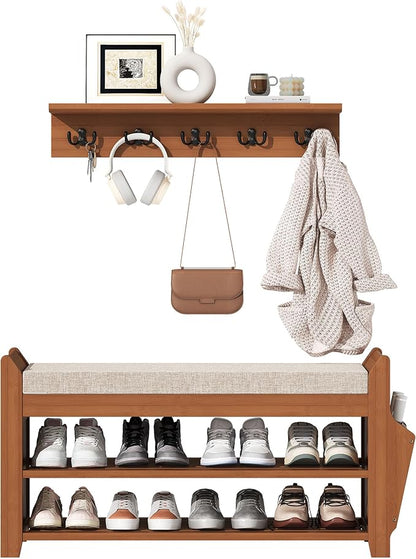 PETKABOO 31.5" Shoe Bench with Coat Rack Hidden Drawer and Side Holder - Image 8