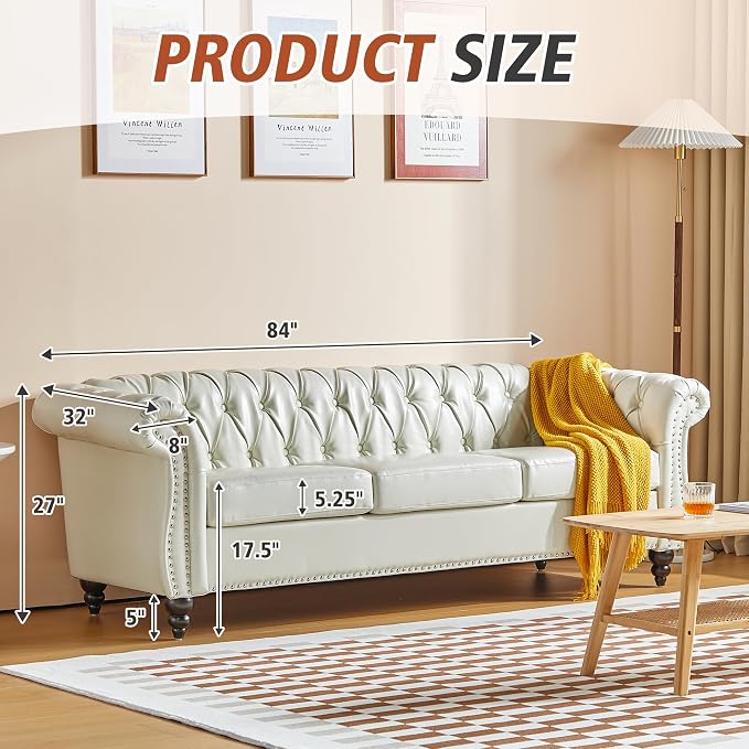 ORRD 3 Piece Living Room Set, Chesterfield Faux Leather Sofa Loveseat Couch - Image 4