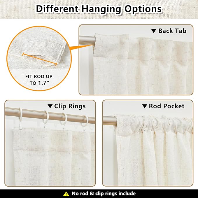 MYSKY HOME Linen Curtains for Living Room, Natural Semi Sheer Curtains & Drapes - Image 3