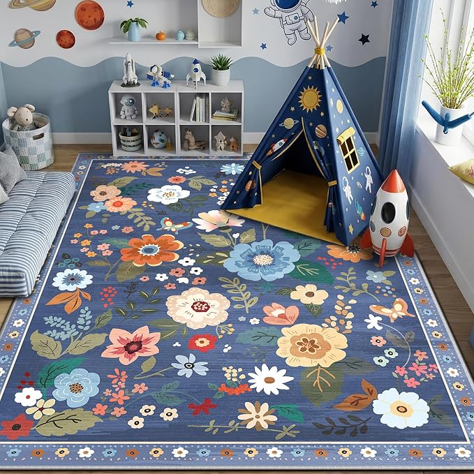 RELEANY Floral Washable 5x8 Area Rugs Blue/Grey | Flower Carpet Print Boho Cute - Image 3