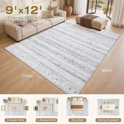 cotiled Boho 9x12 Area Rug for Living Room: Large Moroccan Washable Rug | Stain - Image 9