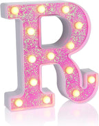 Foaky Pink Light up Letters，Pink Party Decorations,Girls Room Decor,Glitter Light Up Letters,Alphabet Letter Sign for Night Light Birthday Party Girls Gifts, Home Bar Decoration（R）