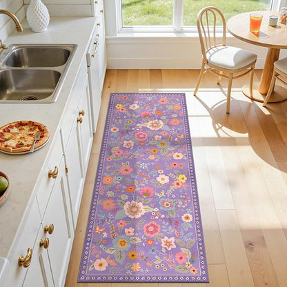 Floral Washable 2x5 Area Rugs Runner Entryway Hallway Purple/Pink | Flower - Image 6