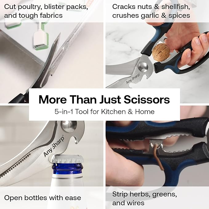 AnySharp 5-in-1 Multi-Function Kitchen Shears - Kitchen Scissors Heavy Duty with Hardened Steel Blades - Cut Chicken Bones and Thick Fabrics - Grip for Both Left and Right Handed - Dishwasher Safe