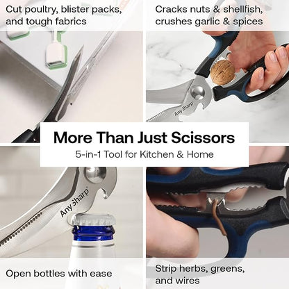 AnySharp 5-in-1 Multi-Function Kitchen Shears - Kitchen Scissors Heavy Duty with Hardened Steel Blades - Cut Chicken Bones and Thick Fabrics - Grip for Both Left and Right Handed - Dishwasher Safe