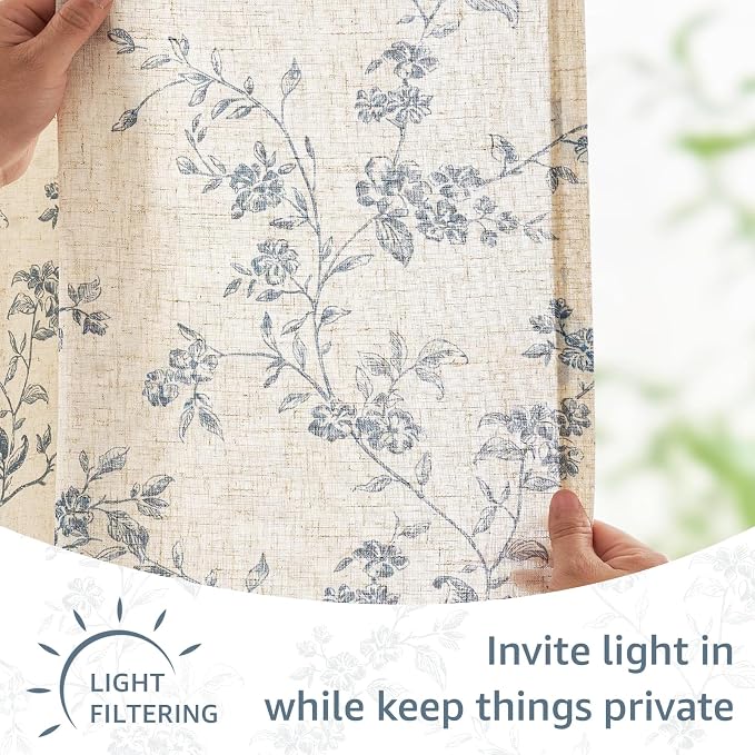 Blue on Beige Linen Kitchen Curtains Rod Pocket 26W X 36L 2 Panels | Elisa - Image 6