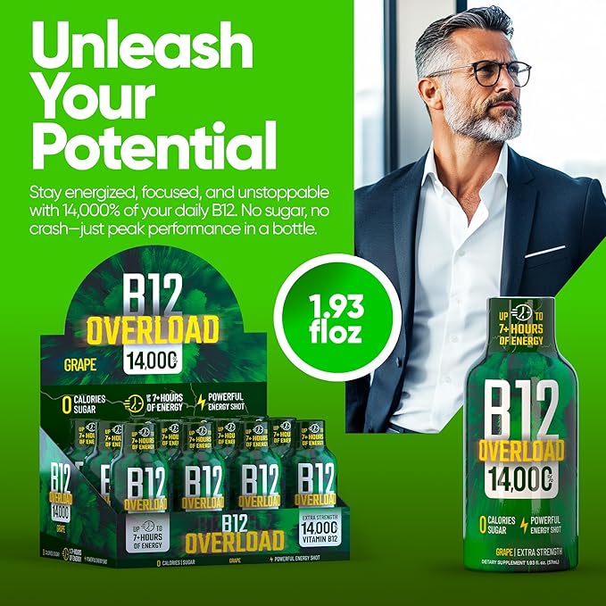 B12 Overload Extra Strength Energy Shot – Grape – 260mg Caffeine, 14000% B12, Electrolytes – Energy & Vitality Support – Zero Sugar No Calories – Vegan, Kosher, Gluten-Free – 1.93 fl oz, 24-Pack