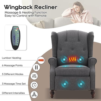 Wingback Recliner Chair with Massage and Heat, Wingback Recliner Tufted Fabric - Image 3