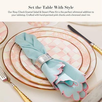 MACKENZIE-CHILDS Enamel Salad and Dessert Plate, Small Plate for Appetizers or Desserts, 8 Inches, Set of 4, Pink-and-White Rosy Check