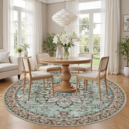 Round Area Rug for Living Room: 4ft Boho Washable Rug Brown Green | Vintage - Image 3