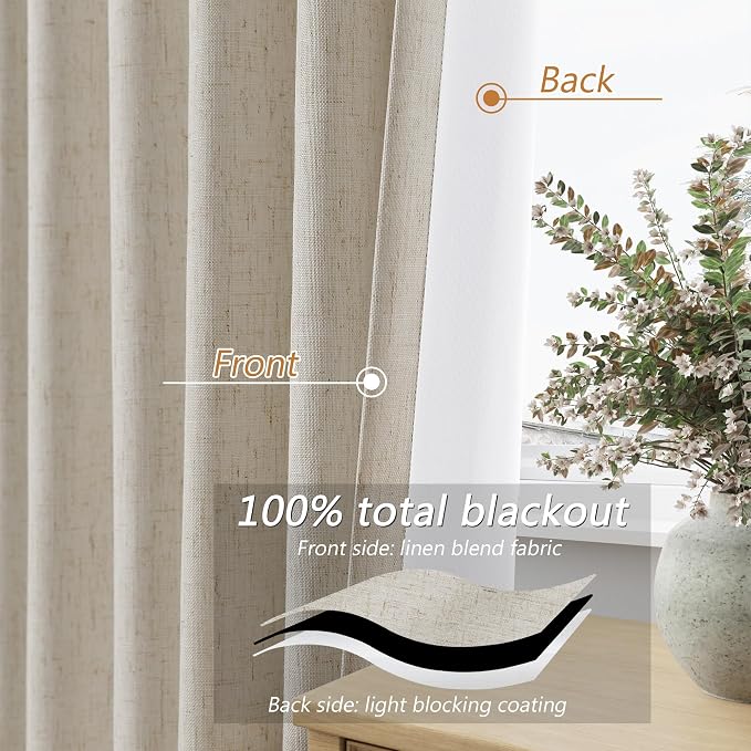 100% Blackout Linen Curtains for Bedroom 96 inches Long, Thermal Insulated Room - Image 4