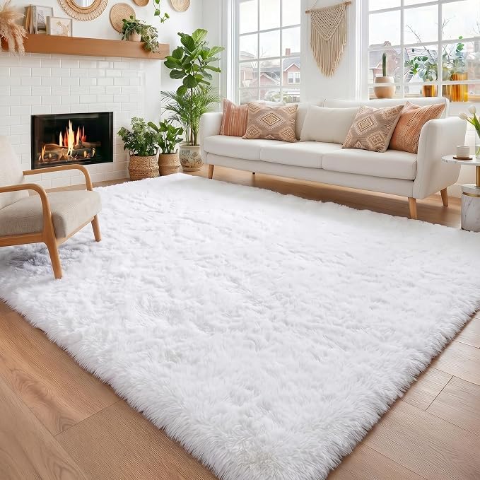 Amdrebio White Fuzzy Furry Area Rug 5x7 by Amdrebio