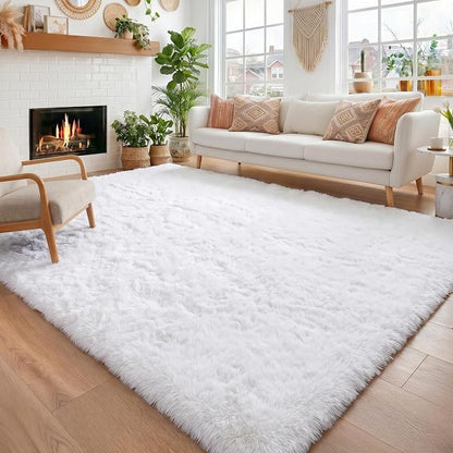 Amdrebio White Fuzzy Furry Area Rug 5x7 by Amdrebio