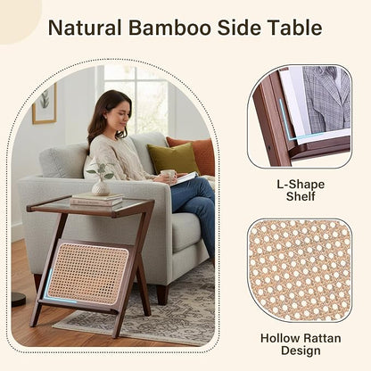 Tiita 2 Pack Rattan Side Table, Mid Century Nightstand, Bamboo Accent Bedside - Image 6
