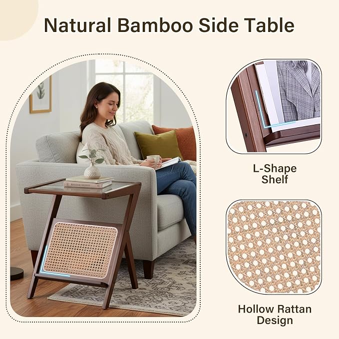Tiita Rattan Side Table, Mid Century Nightstand, Bamboo Accent Bedside Tables - Image 6