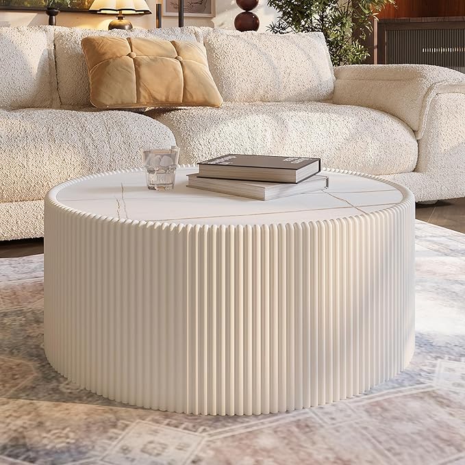SSLine Round Drum Coffee Table Modern Sintered Stone Top Coffee Table in White - Image 7