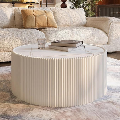 White Marble Coffee Table Set of 2, 29.52" Round Flued Coffee Table and End - Image 6