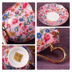 KAMMAK Tea Cups and Saucers Set of 2, Porcelain Coffee Cups with Saucer for Espresso, Cappuccino, 6.3oz Vintage Pink and Yellow Ceramic Demitasse Mug for Home, Tea Party, Office