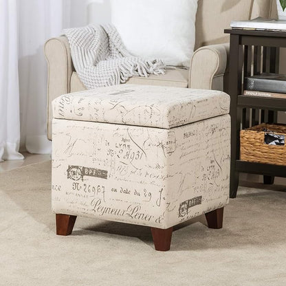 Adeco Fabric Script Pattern Cube Storage Footstool, Hinged Lid, Solid Wood Legs - Image 7