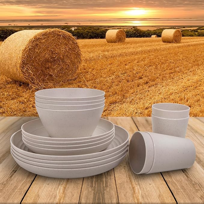 LIYH 48 Pcs Beige Plastic Wheat Straw Dinnerware Set - Reusable Plates and Bowls Sets,Unbreakable Plates Dishes Bowl Cup Outdoor Camper Dish Set for 12