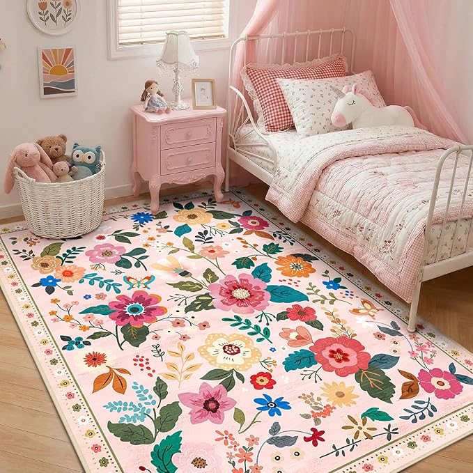 RELEANY Floral Washable 5x8 Area Rugs Pink | Flower Carpet Print Boho Cute Non - Image 2