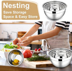 E-far Mixing Bowls with Lids, 6-Piece Stainless Steel Salad Bowls Metal Nesting Bowls for Baking Cooking and Prepping, Airtight Lids & Stackable Design, Size 4.5, 3, 1.5 QT (Khaki)