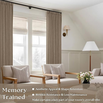 Light Brown Linen Pleat Farmhouse Light Filtering Curtains 92 Inches Long | - Image 4