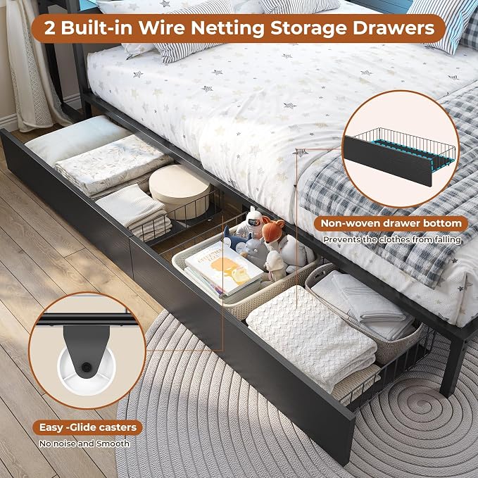 DICTAC Corner Bed Frame with 2 Storage Drawers and Bookcase Headboard Twin XL - Image 7