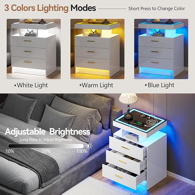 White Night Stand with Wireless Charging Station, Smart Bedside Table with 3 - Image 5