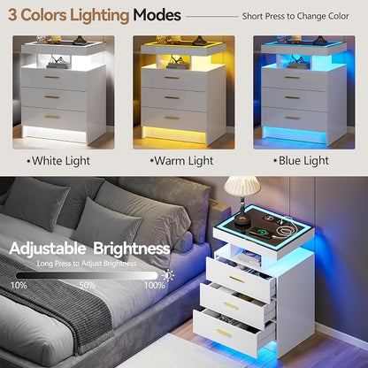 White Night Stand with Wireless Charging Station, Smart Bedside Table with 3 - Image 5