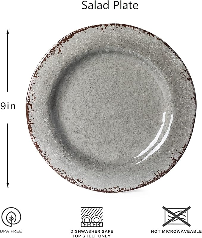 LEHAHA 9 inch Gray Melamine Plate 6 Piece Set, Farmhouse Salad/Dessert Plates, Break and Stain-resistant Dishes Set Great for Dining Party, Ideal for Salad, Dessert and Cakes