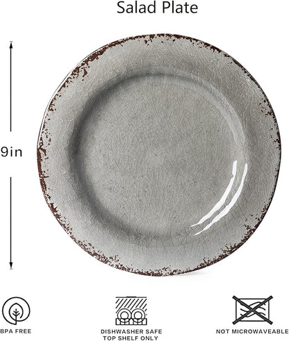 LEHAHA 9 inch Gray Melamine Plate 6 Piece Set, Farmhouse Salad/Dessert Plates, Break and Stain-resistant Dishes Set Great for Dining Party, Ideal for Salad, Dessert and Cakes