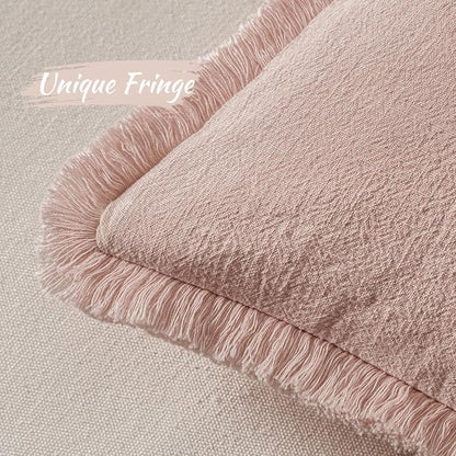 MIULEE Boho Linen Fringe Decorative Throw Pillow Covers Light Pink 20x20 | Set - Image 3
