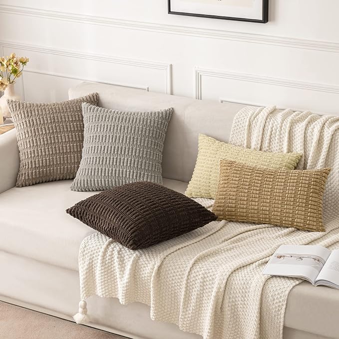 MIULEE Corduroy Decorative Throw Pillow Covers 16x16 Beige Pack of 2 | Soft - Image 3