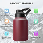 BJPKPK 64 oz Insulated Water Bottle, Dishwasher Safe Half Gallon Water Bottle with Ergonomic Handle, BPA Free Leak Proof Water Jug for Sports, Metal Thermos with Anti-slip Bottom, Brick Red