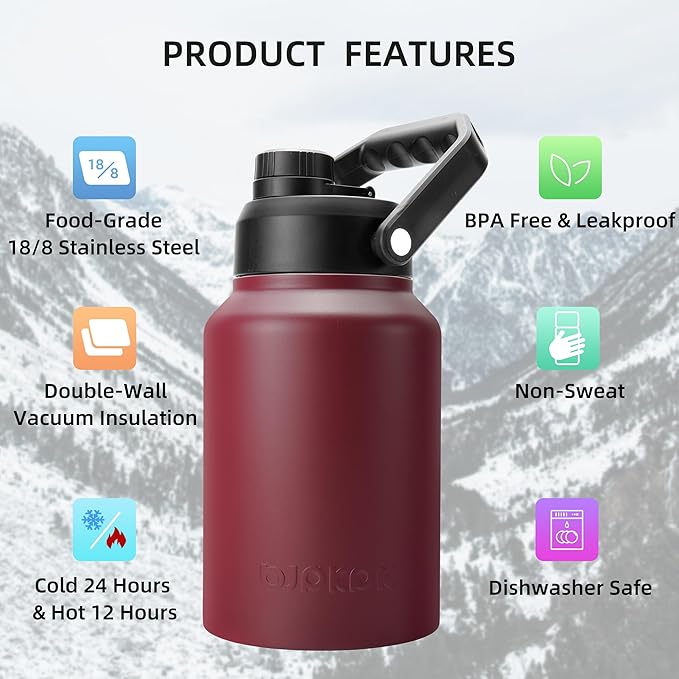 BJPKPK 64 oz Insulated Water Bottle, Dishwasher Safe Half Gallon Water Bottle with Ergonomic Handle, BPA Free Leak Proof Water Jug for Sports, Metal Thermos with Anti-slip Bottom, Brick Red