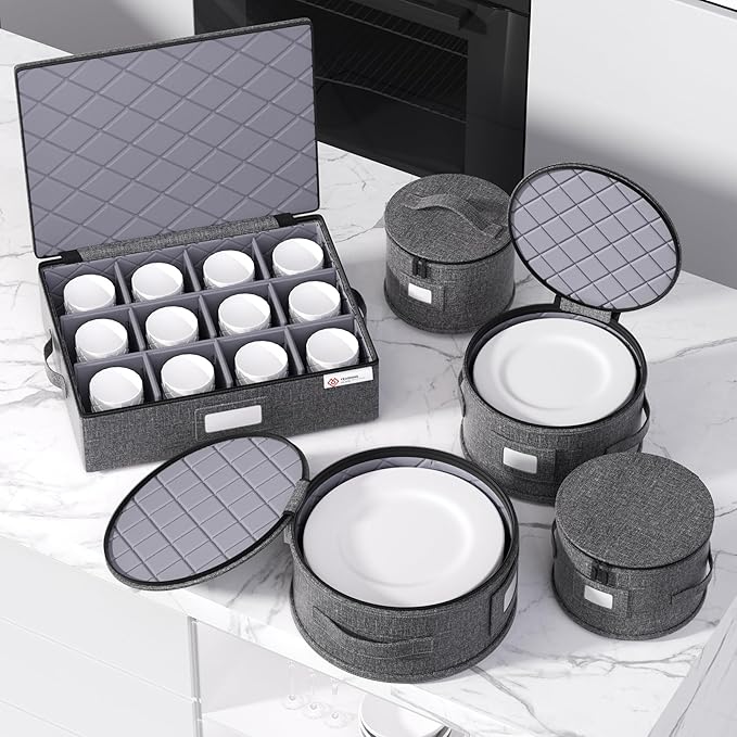 YearningHome China Storage Containers,Hard Shell Box with Felt Dividers for Dishes,Dinnerware,Plates,Mugs,Wine and Glasses,Mugs,Stackable Fine China Storage for Moving and Packing 5 Piece,Grey