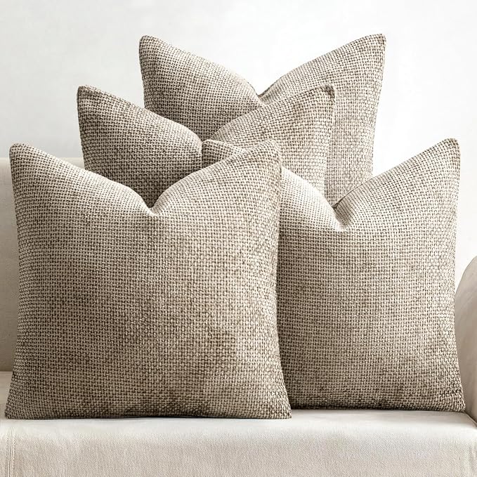 MIULEE Soft Decorative Chenille Pillow Covers Khaki 18x18 Pack of 4 | Modern by MIULEE