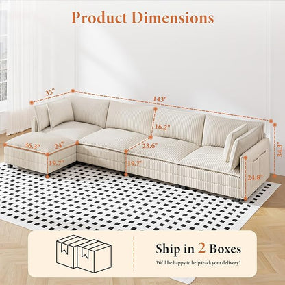 Vesgantti 143" L Shaped Modular Sectional Sofa, Comfy Corduroy Upholstered - Image 2